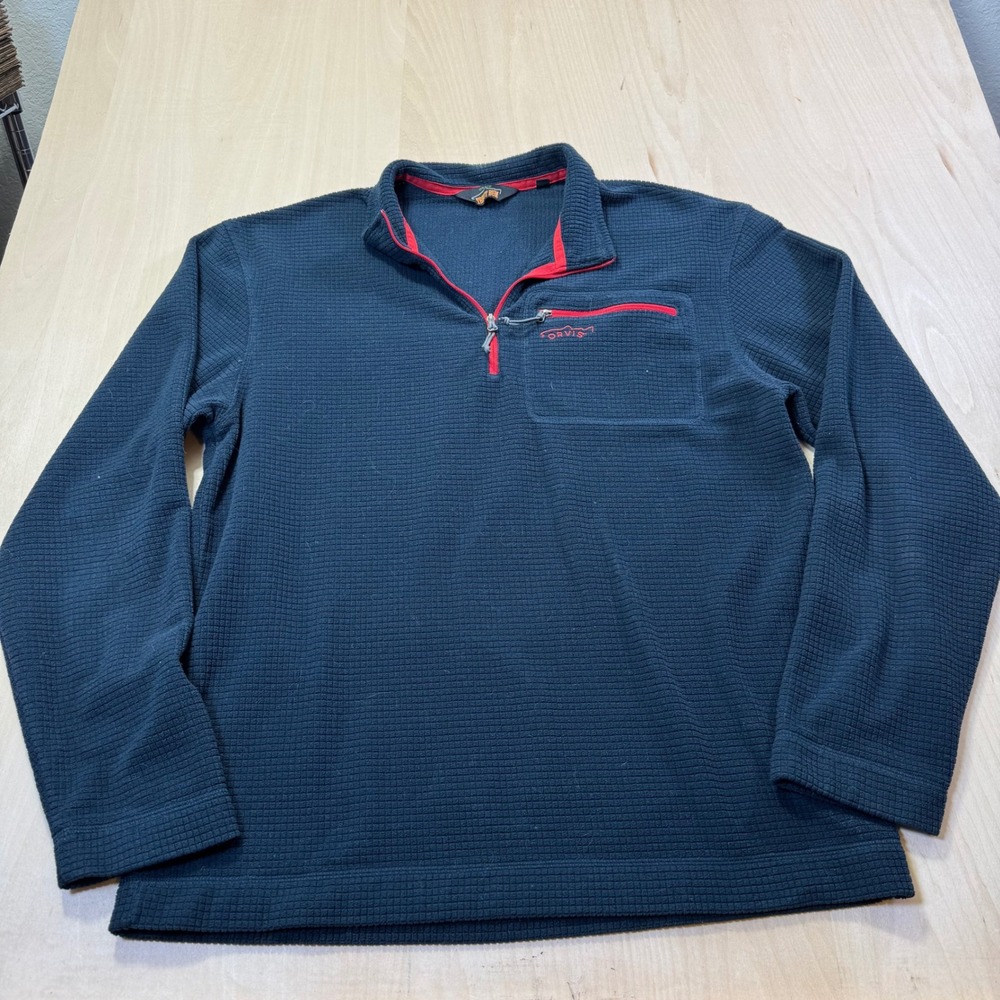 Orvis Trout Bum Mens Navy Blue Waffle Grid Fleece‎ Quarter Zip Pullover Medium
